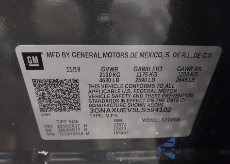 2020 Chevrolet Equinox Awd Lt 1.5L Turbo from USA, damaged, VIN 3GNAXUEV5LS594102